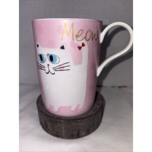 Vintage Style, Ceramic" Meow" Coffee Mug, Pink And White Cat Design By Zen